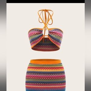 Geo Print Contrast Binding Tie Backless Crop Halter Top & Skirt